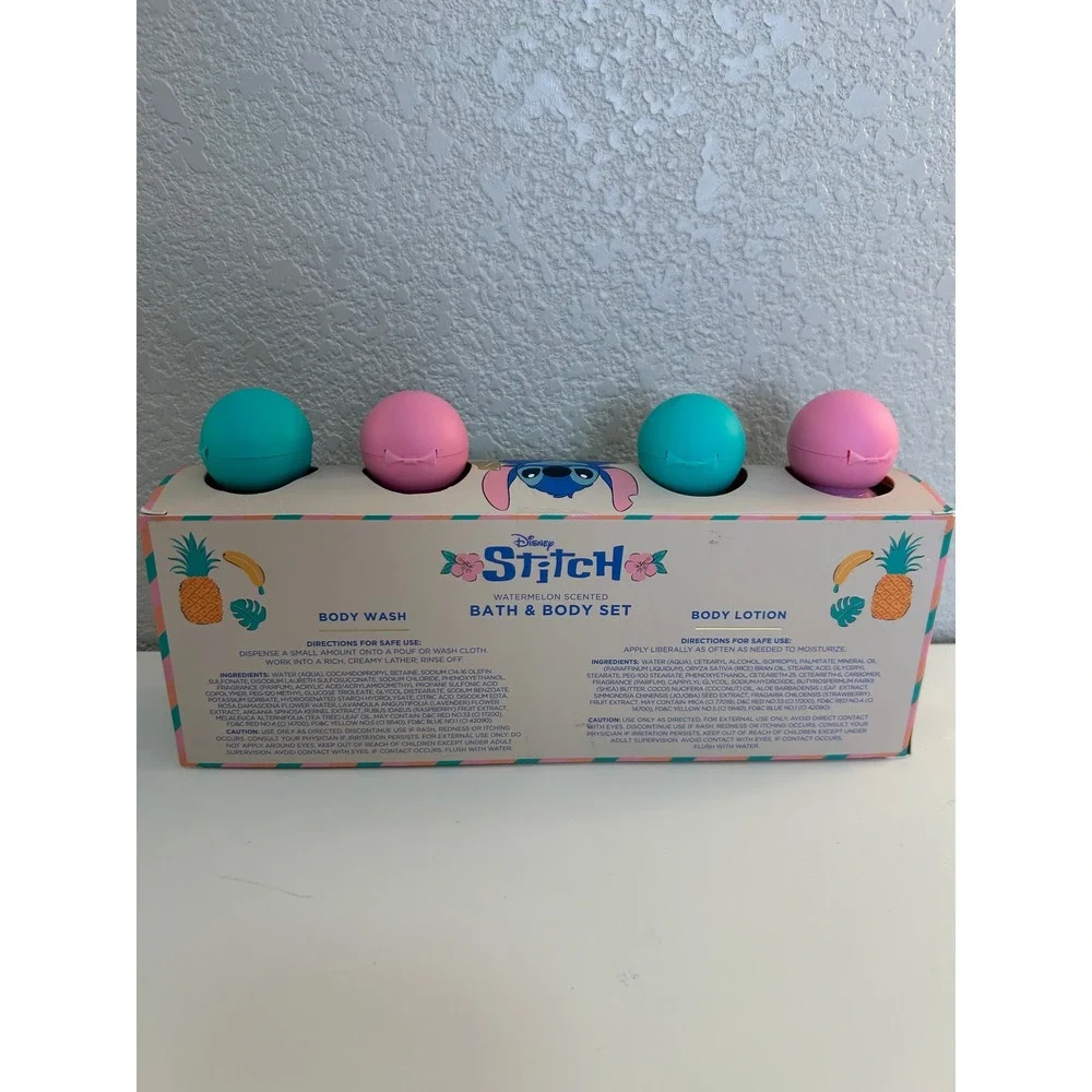 Disney Kid's Pink Blue Lilo Stitch Watermelon Coconut Bath Body Set 4pc New!